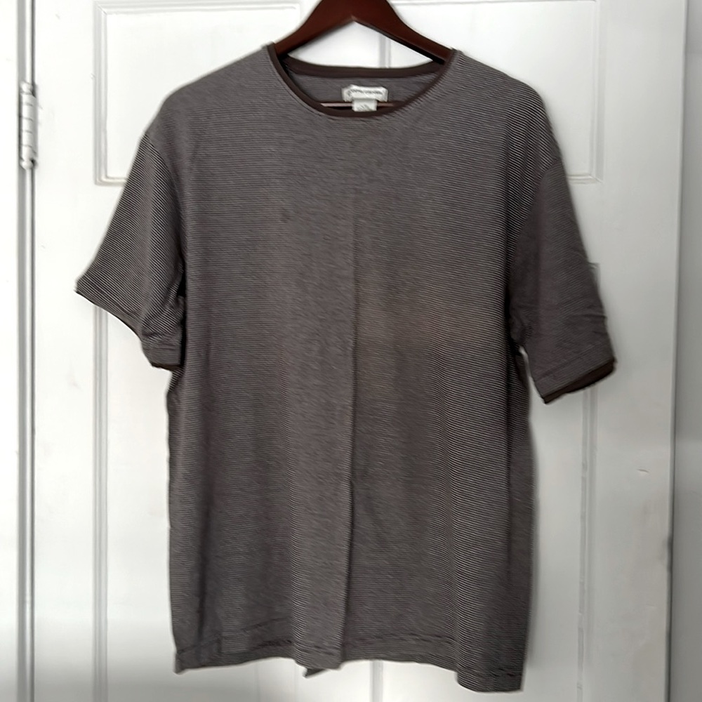 Pierre Carden 100% cotton men’s T-shirt. Horizontal stripe brown, size large.